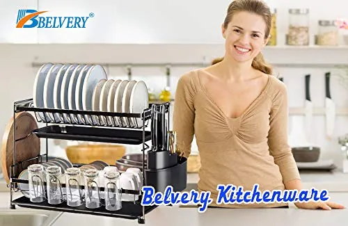 Belvery Dish Drying Stand With Drainer Belvery 2 Tiers Large Kitchen Dish Rack with Removable Cutting Board Holder Utensil Holder and Cup Holder Baking Paint Process Coatings Dish Drainer