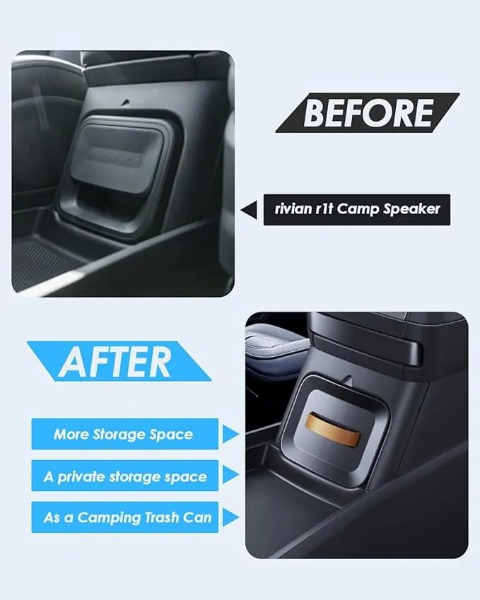 For 2025 Rivian Camping Speaker Drawer - 2022-2025 R1T R1S Push to Open Camp Speaker Drawer Console Organizer ABS Vegan Leather Handles Anti-Slip TPE Pad Unlocking the Drawer Shell on the Car Screen