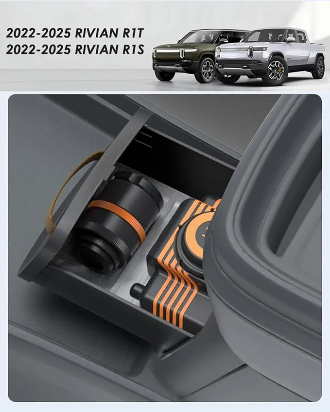 For 2025 Rivian Camping Speaker Drawer - 2022-2025 R1T R1S Push to Open Camp Speaker Drawer Console Organizer ABS Vegan Leather Handles Anti-Slip TPE Pad Unlocking the Drawer Shell on the Car Screen