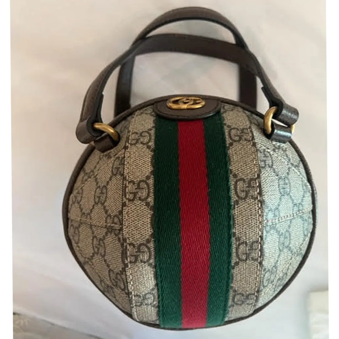Gucci Small Basketball Red Brown Stripe Round Canvas Leather Handbag Bag NEW