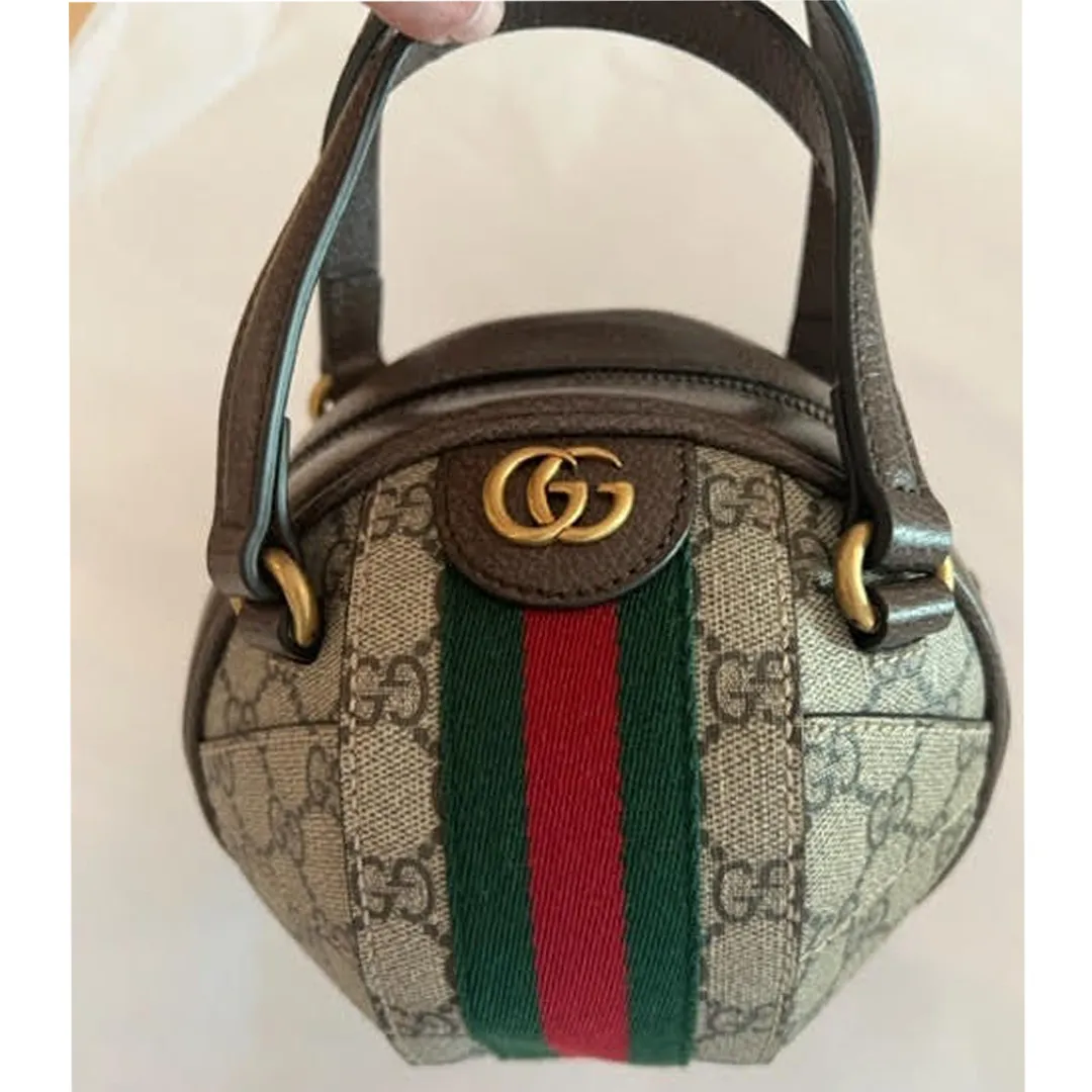 Gucci Small Basketball Red Brown Stripe Round Canvas Leather Handbag Bag NEW