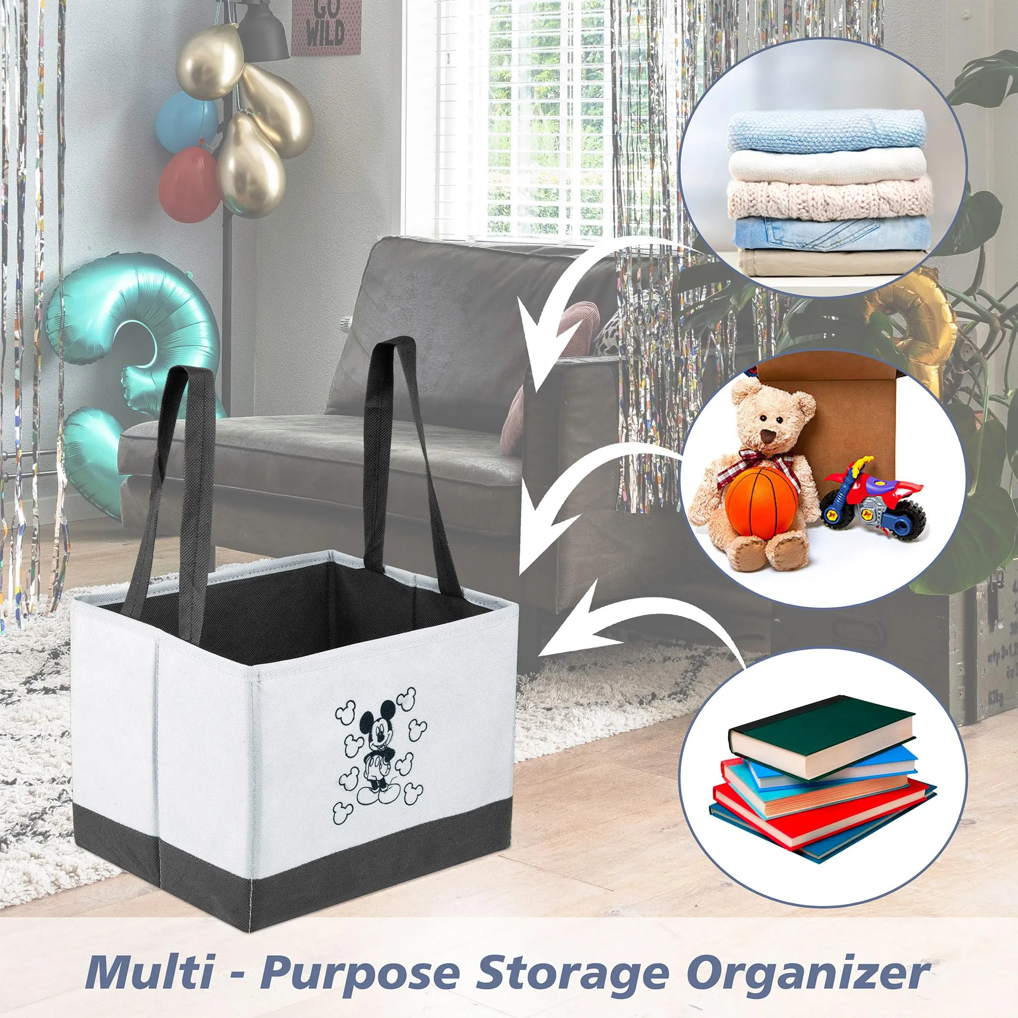 Heart Home Disney Mickey Drawer Storage Box|Storage Box for Clothes|Wardrobe Organizer for Books|Closet Box with Handle|Clothes Drawer Organizer|Small|Gray & Black
