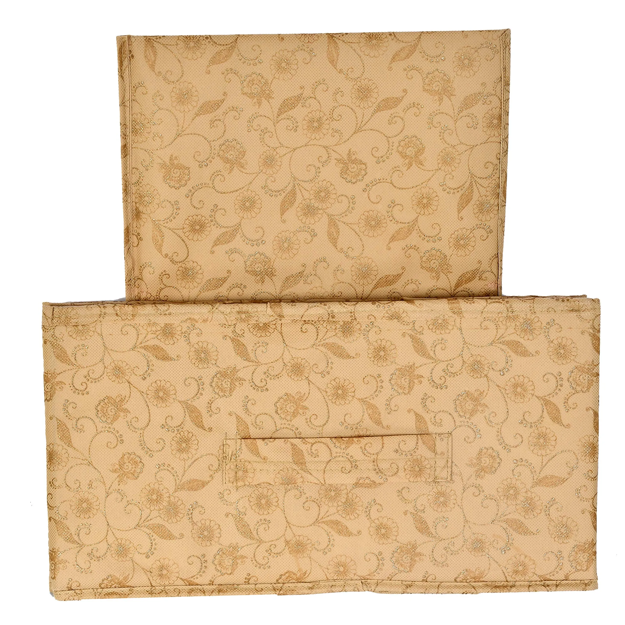 Kuber Industries Laheriya Metalic Print Non Woven Fabric Modular Closet Organizer Box with Handle for Cube Storage Units in Closet,Set Of 2(Blue & Beige)-KUBMART15997
