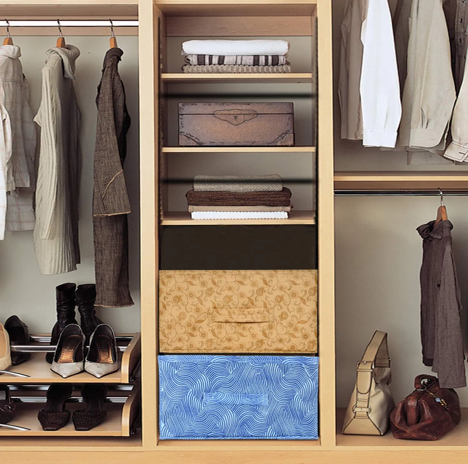Kuber Industries Laheriya Metalic Print Non Woven Fabric Modular Closet Organizer Box with Handle for Cube Storage Units in Closet,Set Of 2(Blue & Beige)-KUBMART15997