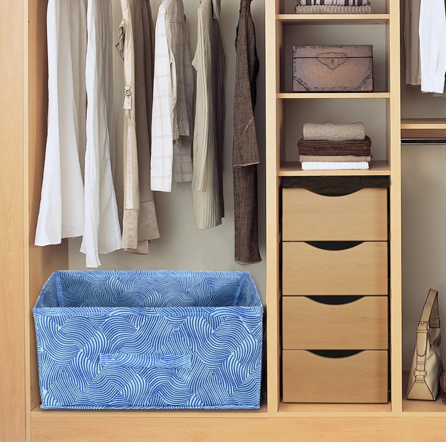 Kuber Industries Laheriya Metalic Print Non Woven Fabric Modular Closet Organizer Box with Handle for Cube Storage Units in Closet,Set Of 2(Blue & Beige)-KUBMART15997