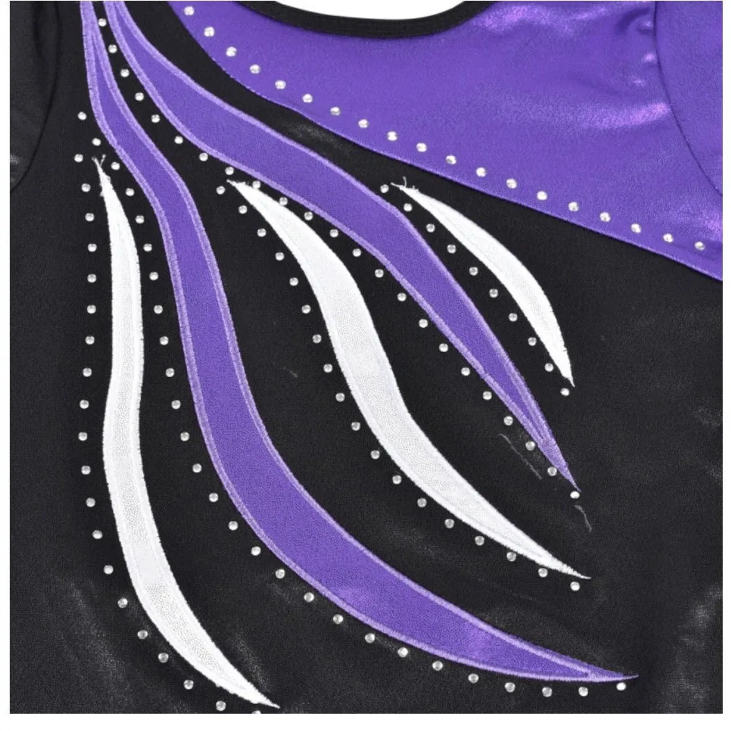 Purple/Black Long Sleeved Leotard w Rhinestones