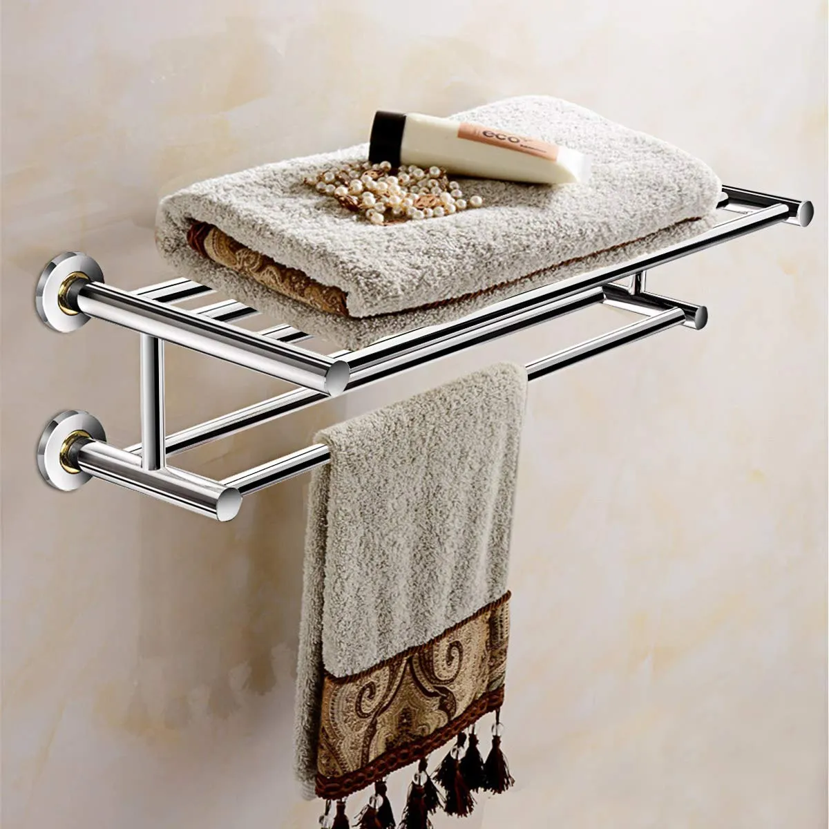 Tangkula Wall Mounted Bathroom Shelf with 2-Tier Towel Bars, 24 Inch Stainless Steel Towel Shelf